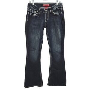 RED RIVET Low Rise Flare Bootcut Jeans Size 9 Dark Wash Embroidered Flap Pockets